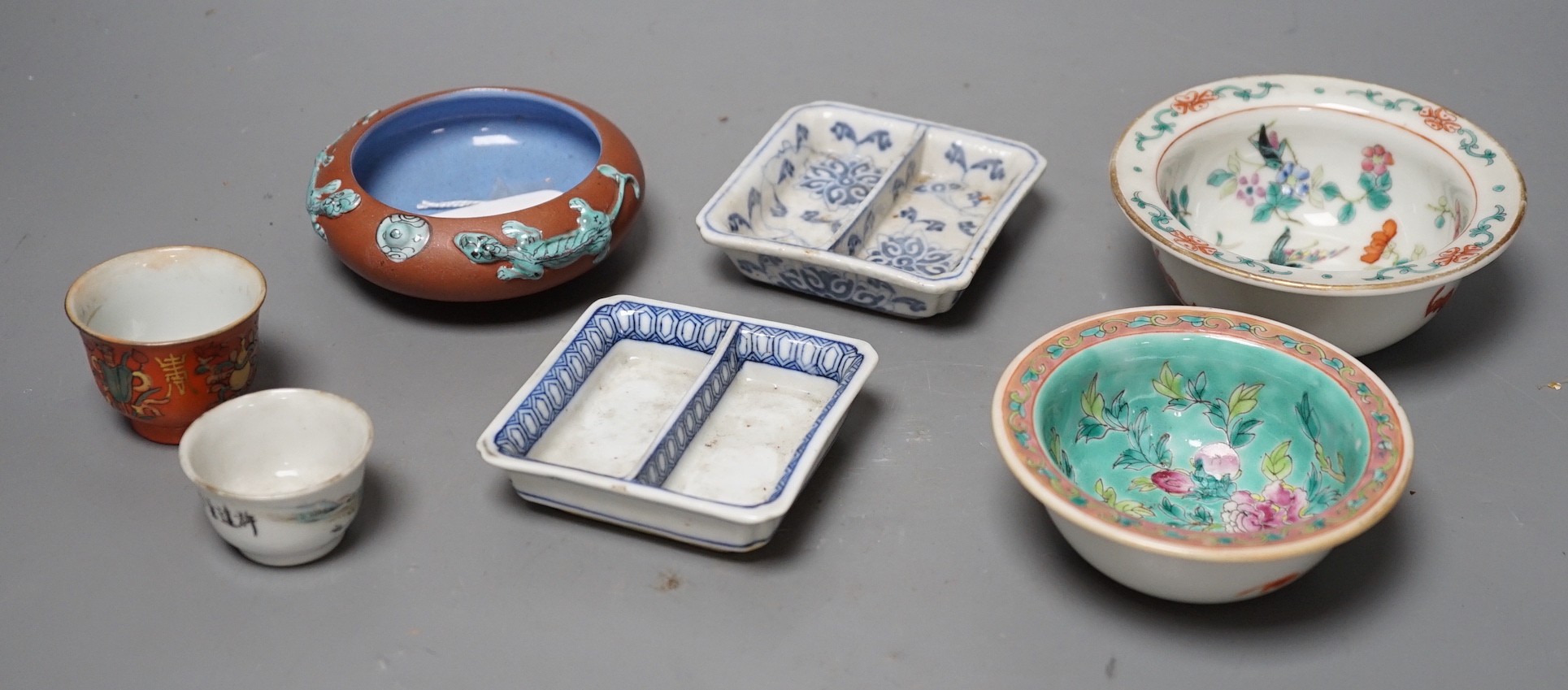 A group of late 19th / early 20th century Chinese ceramics, comprising two Straits small famille rose small bowls, 2 cups to signature dishes and a Yixing enamelled brush-washer, 9.4cm